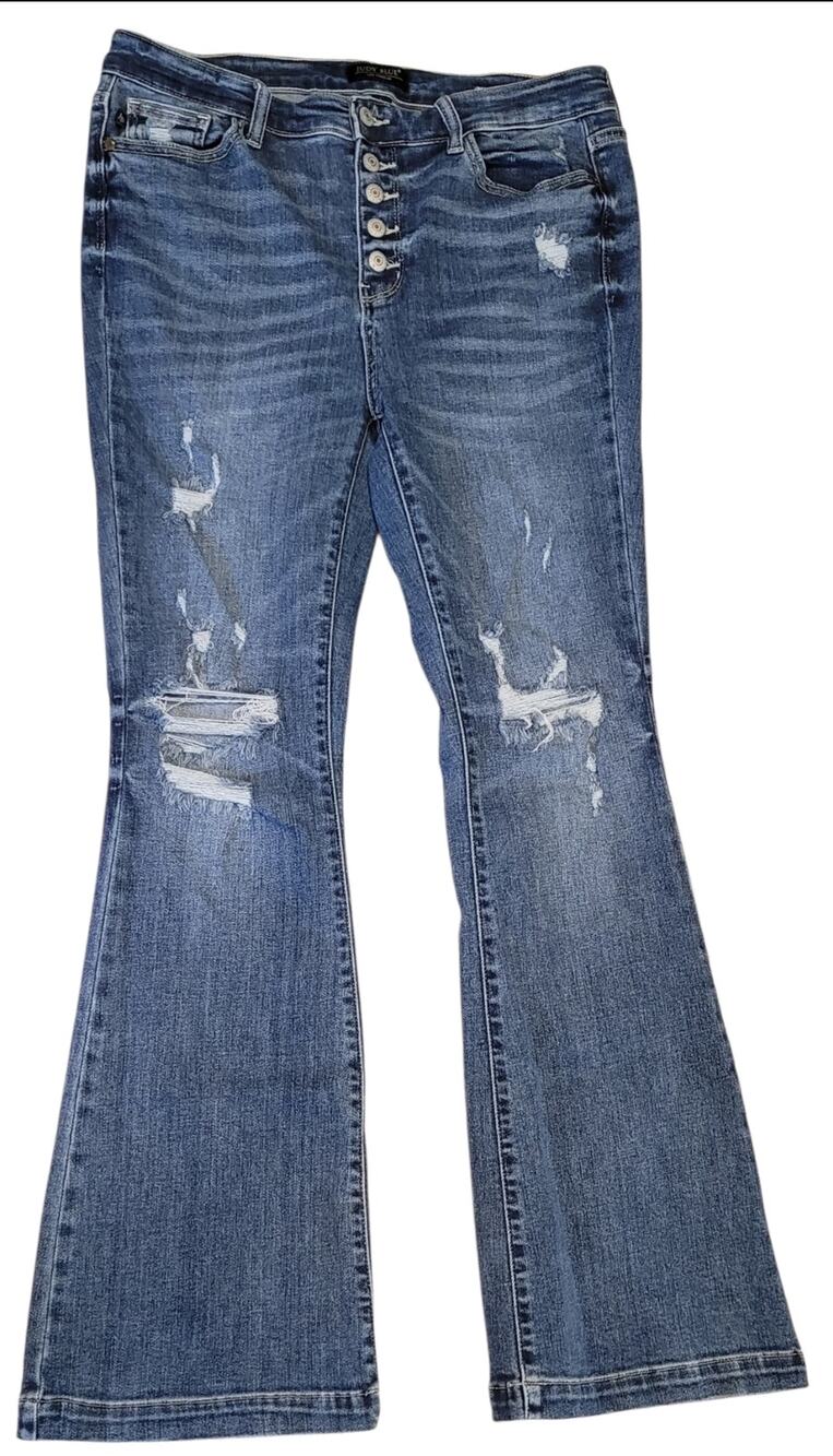 Judy Blue Button Fly Flare Jeans Factory Distressed Trouser Sz 15/32 JB82430DK